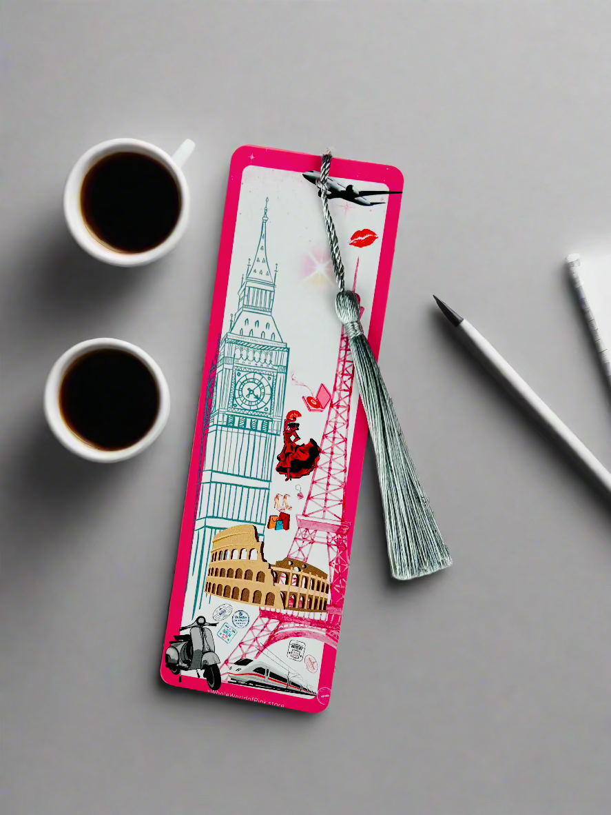 Tassel Bookmark Pink Travels Themed 300gsm