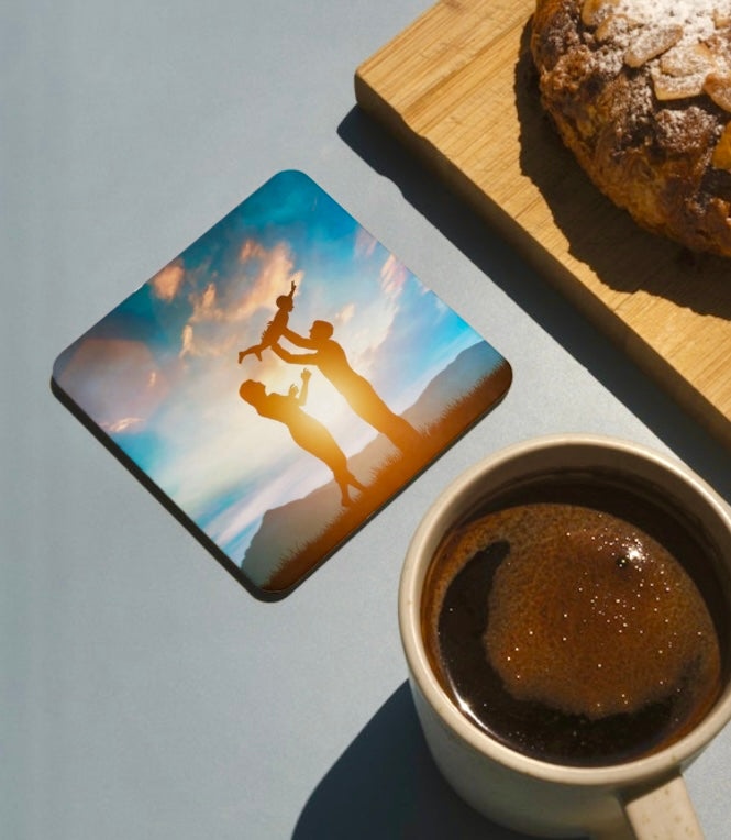 Coaster Coked-Backed, personalised with image of man woman and child with sun in back,, Coffee cup and Pastry, A Whole World of Pink Store