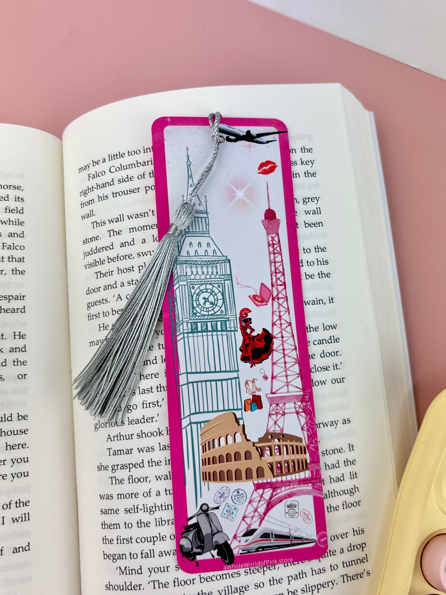 Tassel Bookmark Pink Travels Themed 300gsm