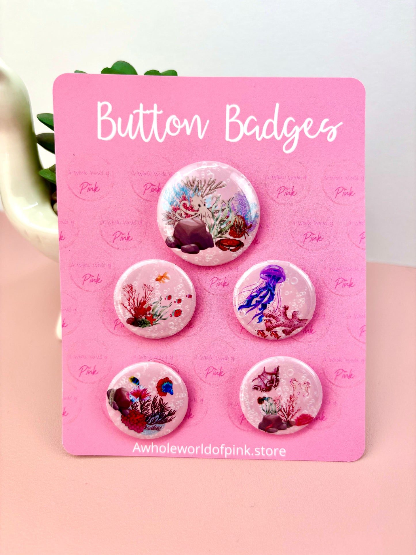 Button Badges - Packet of 5 - Aquatic Pink Themed