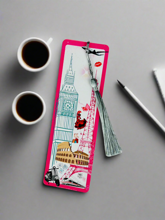 Tassel Bookmark Pink Travels Themed 300gsm