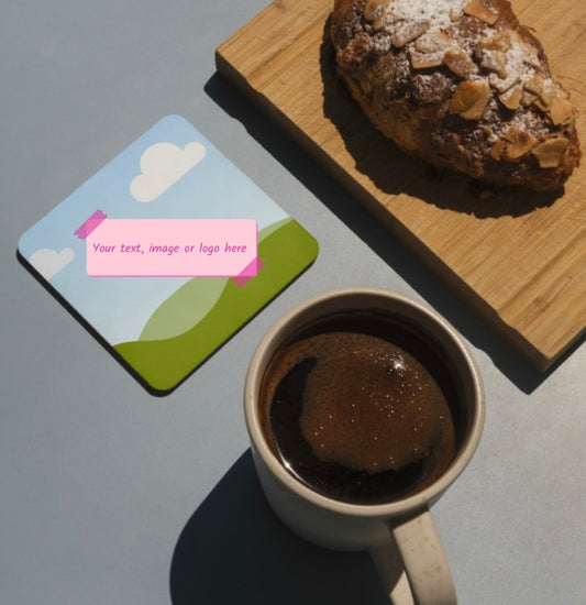 Coaster Coked-Backed, personalise, space to show area for your text, image or logo, Coffee cup and Pastry, A Whole World of Pink Store