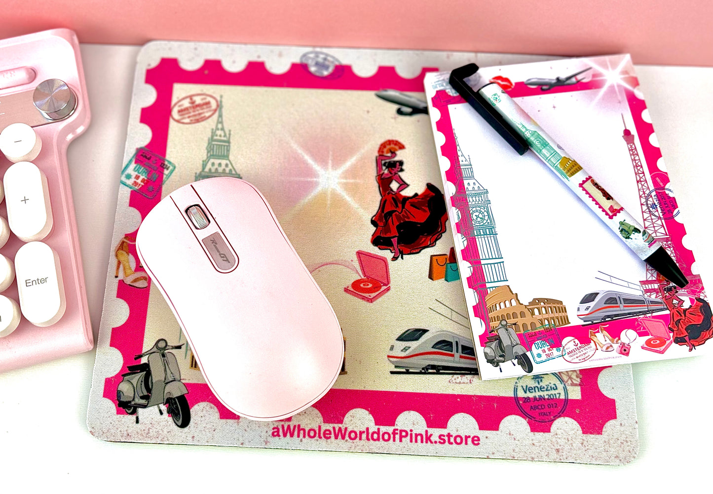 Mouse Pad Pink Travels Themed