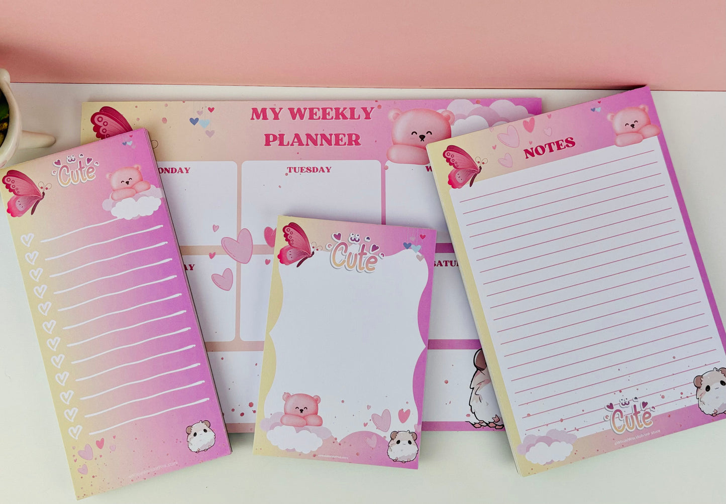 Stationary set all Heavenly Pink themed, to-do list, memo pad, weekly agenda and A5 Lined Note Pad Heavenly Pink Themed 50 Pages 120gsm, with butterflies, clouds and teddy bears