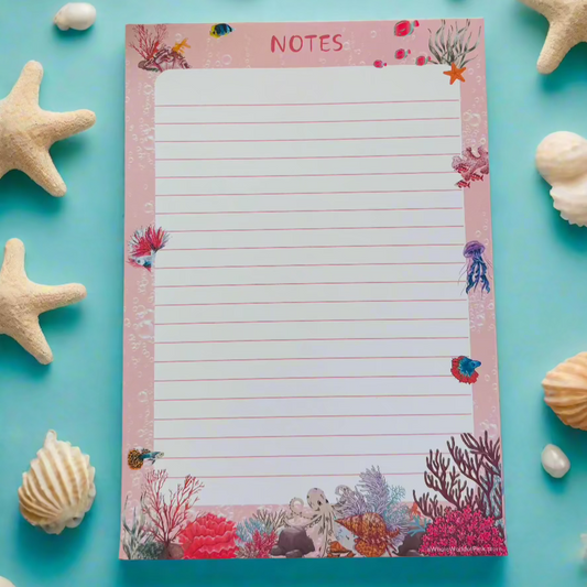 A5 Lined Note Aquatic Pink Themed 50 Pages 120gsm Media, flat on white table