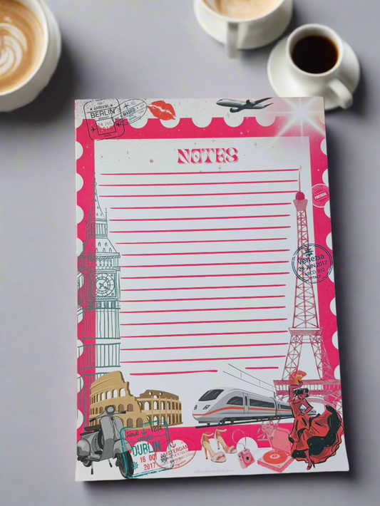 A5 Lined Note Pad Pink Travels Themed 50 Pages 120gsm