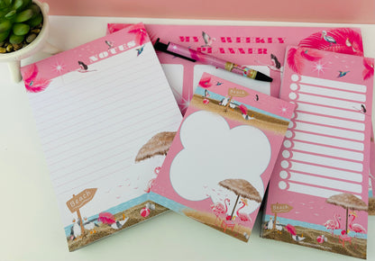 stationary set with pink by the beach theme, memo pad, to-do list, ballpoint pen, weekly agenda, A5 Lined Note Pad Pink by the Ocean Themed 50 Pages 120gsm, with flamingos, beach, sand, seagulls