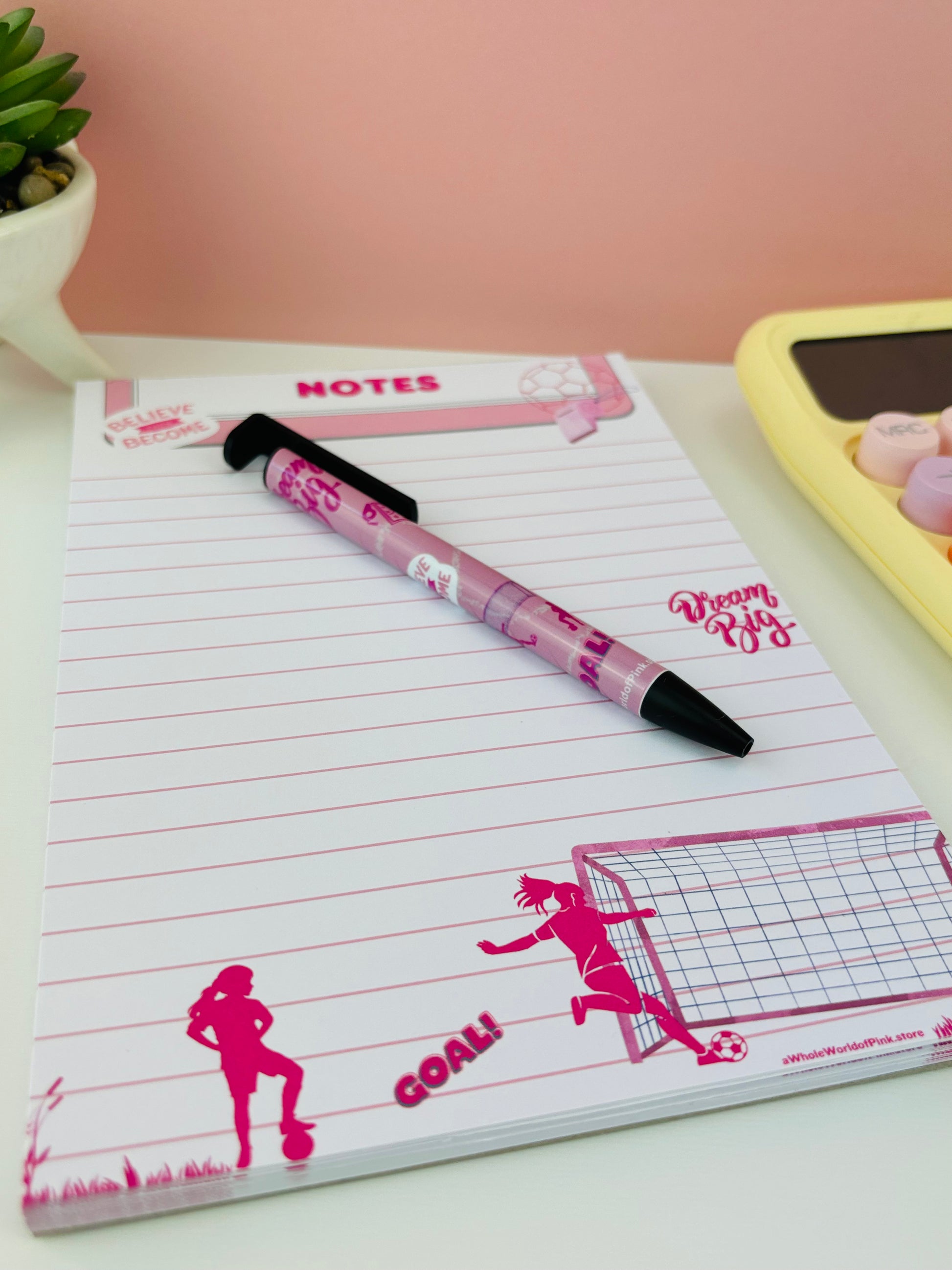 A5 Lined Note Pad A League Of Pink Themed 50 Pages, A League of Pink themed Ballpoint pen, and Yellow calculator