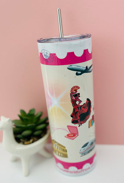 Metal Tumbler Pink Travels Themed