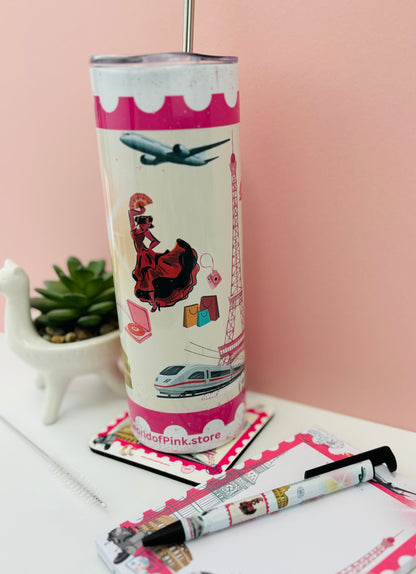 Metal Tumbler Pink Travels Themed