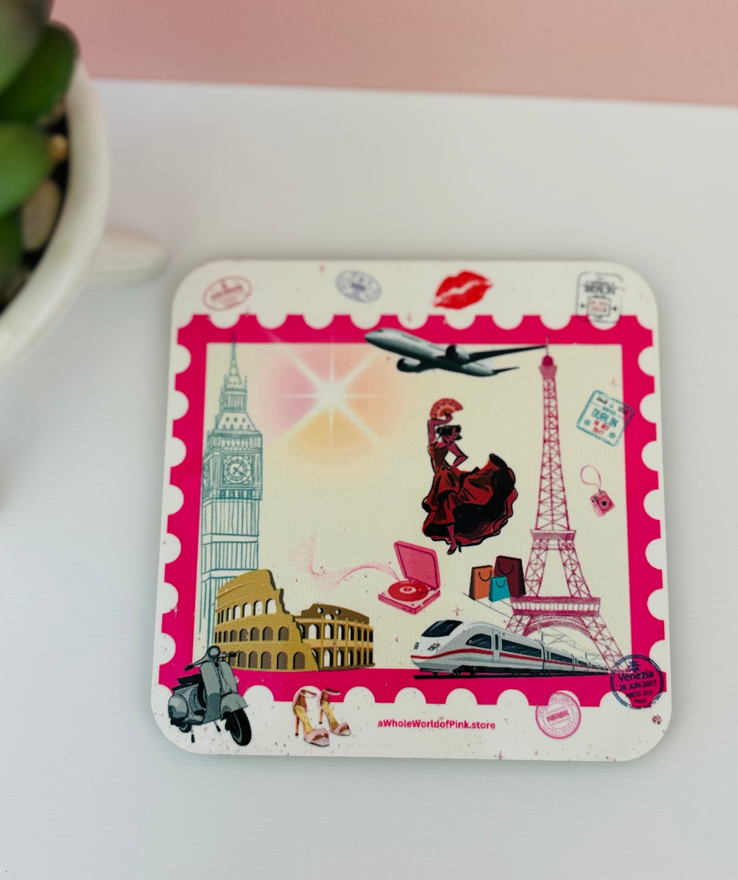 Corked-Backed Coasters Pink Travels Themed