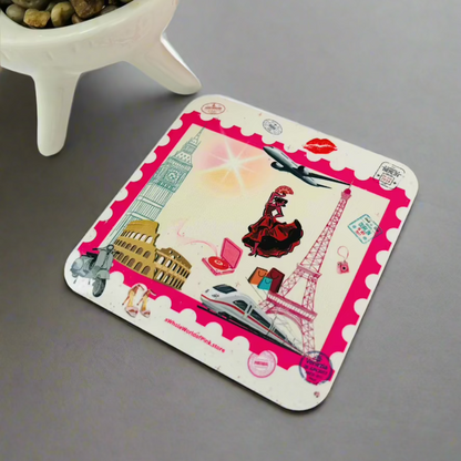 Corked-Backed Coasters Pink Travels Themed