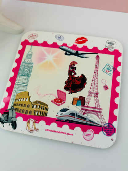 Corked-Backed Coasters Pink Travels Themed