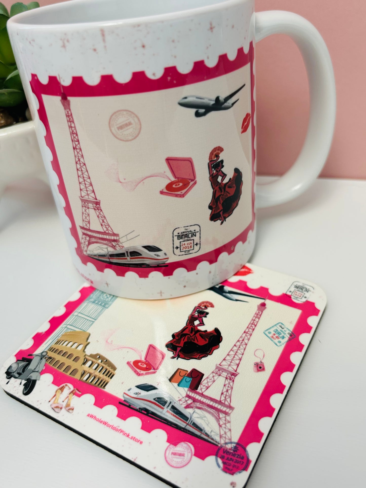 Ceramic Mugs Pink Travels Themed