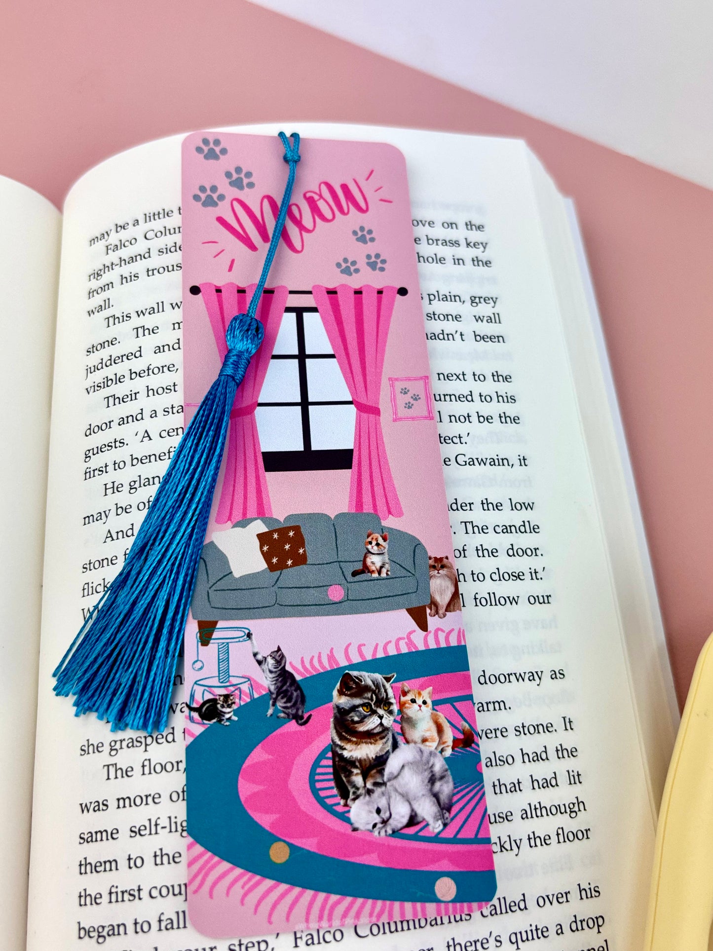 Bookmark with turquoise tassel and  images of cats, main photo