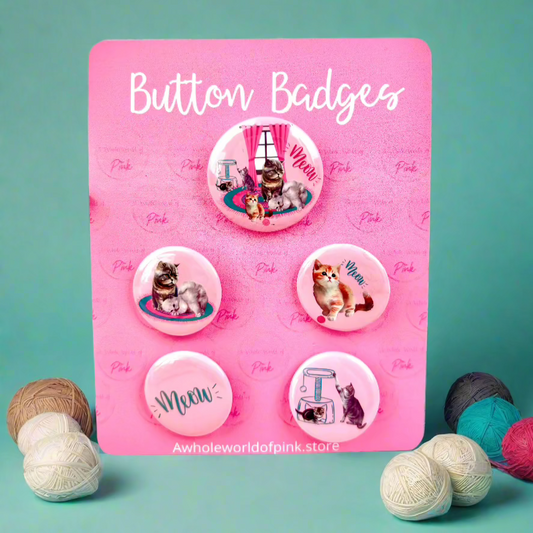 Button Badges - Packet of 5 - Purrfectly Pink Themed