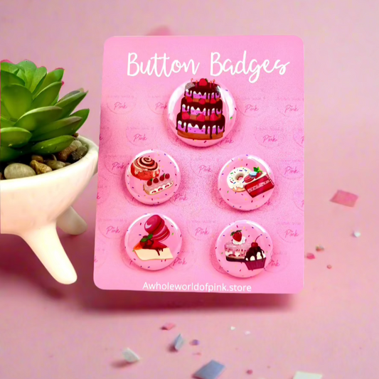 Button Badges - Packet of 5 - Pink Patisserie Themed