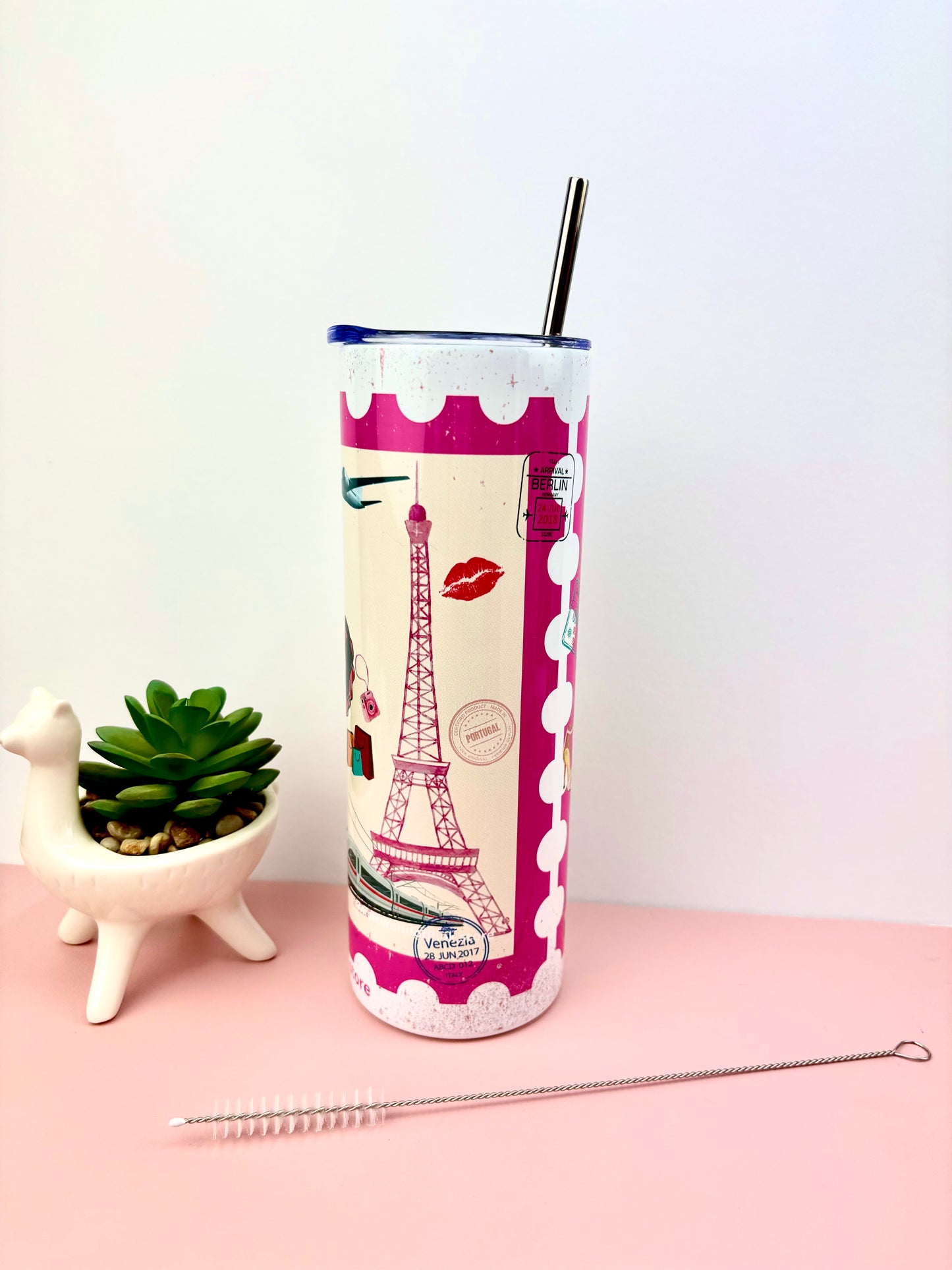 Metal Tumbler Pink Travels Themed