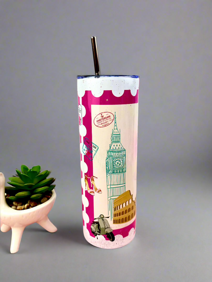 Metal Tumbler Pink Travels Themed