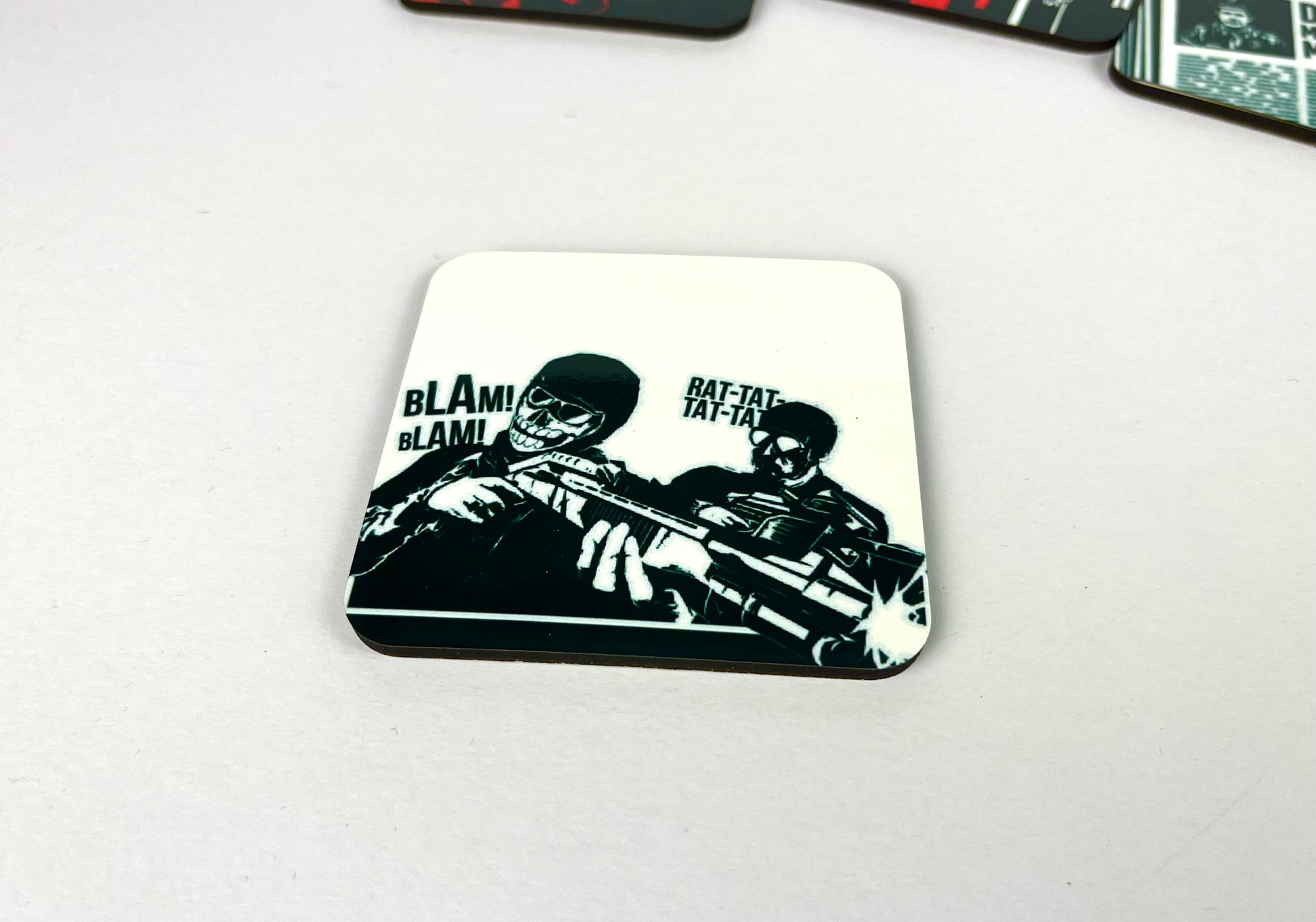 Cork-backed Coasters - Culliver City Chronicles Graphic Novel Neo-noir, Ray and Kenny at work