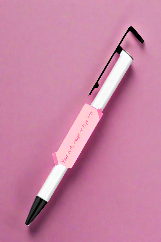 Ballpoint Pen, white and black, pink background, label identifying where you can personalise with your text, image or logo, A Whole World Of Pink Store