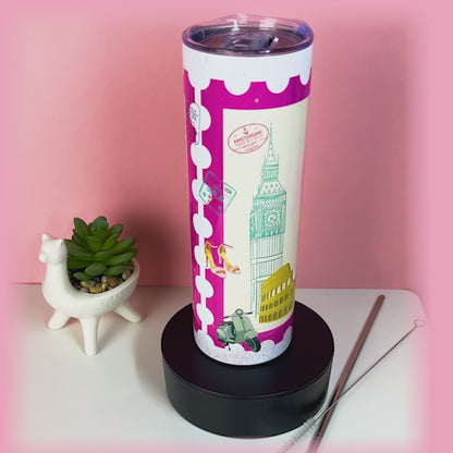 Metal Tumbler Pink Travels Themed